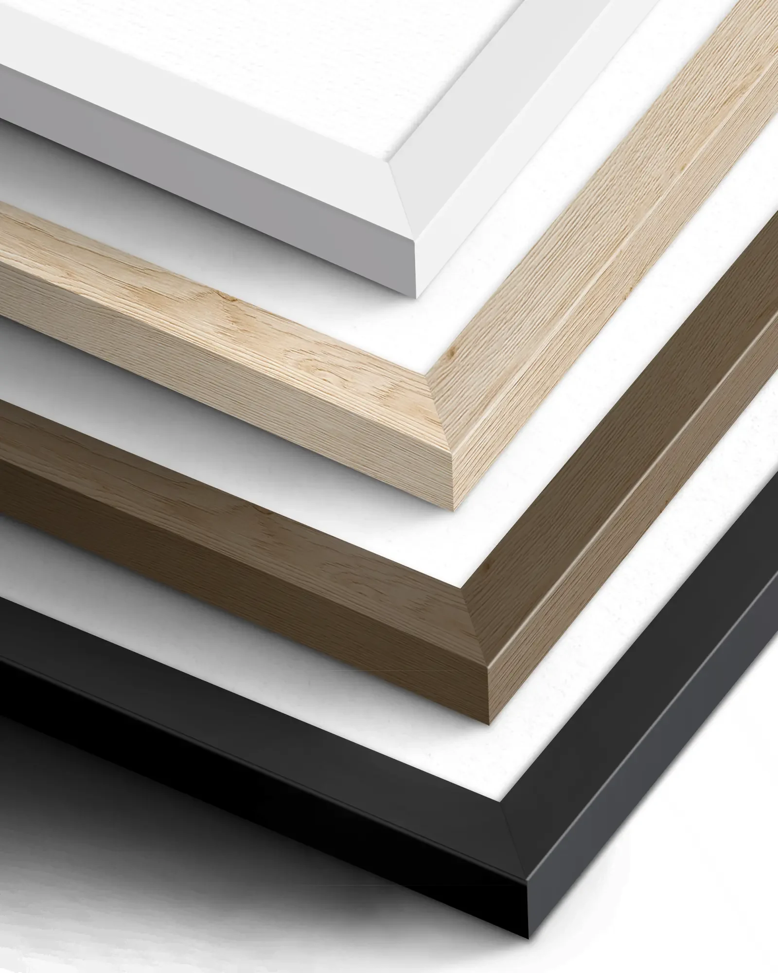 Die vier Rahmenfarben im Material: Weiß, Holz natur, Dunkles Holz und Schwarz